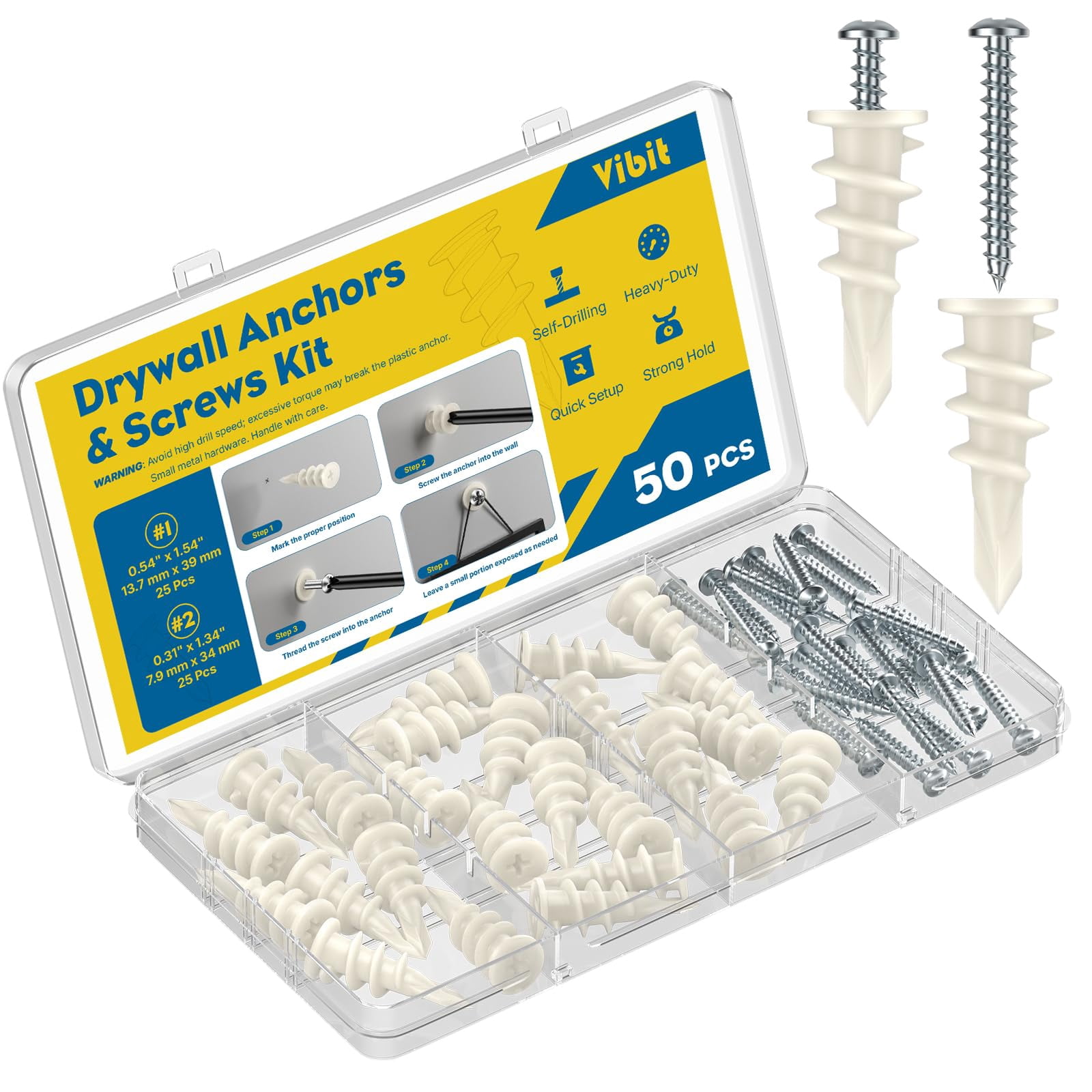 Self Drilling Drywall Anchors, Heavy Duty Wall Anchors for Drywall, Dry Wall Anchors and Screws Kit for up to 75 lbs, Plastic Sheetrock Anchors with #8 x 1 5/16" Screws, 50 Pcs