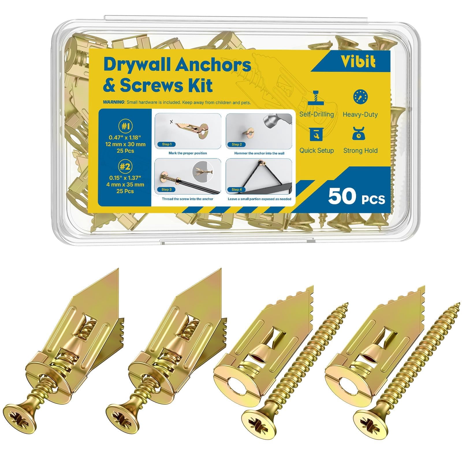 Self Drilling Drywall Anchors, Heavy Duty Wall Anchors for Drywall, Metal Dry Wall Anchors and Screws Kit, Carbon Steel Sheetrock Anchors with #6 x 1 3/8" Screws, Picture Hanging Kit, 50 Pcs