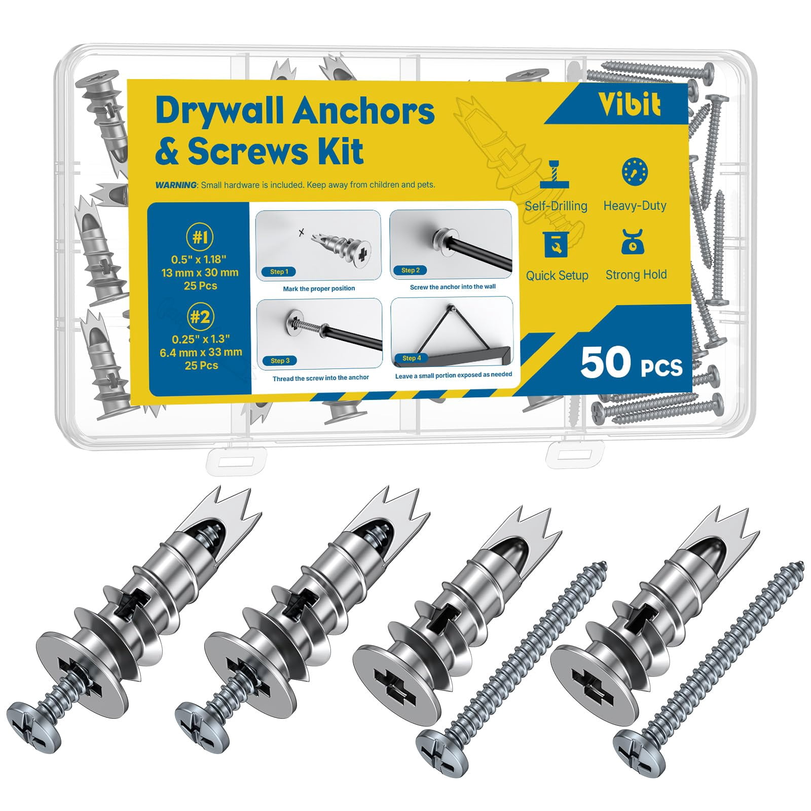 Self Drilling Drywall Anchors, Heavy Duty Wall Anchors for Drywall, Metal Dry Wall Anchors and Screws Kit, Zinc Alloy Sheetrock Anchors with #6 x 1 5/16" Screws, Picture Hanging Kit, 50 Pcs