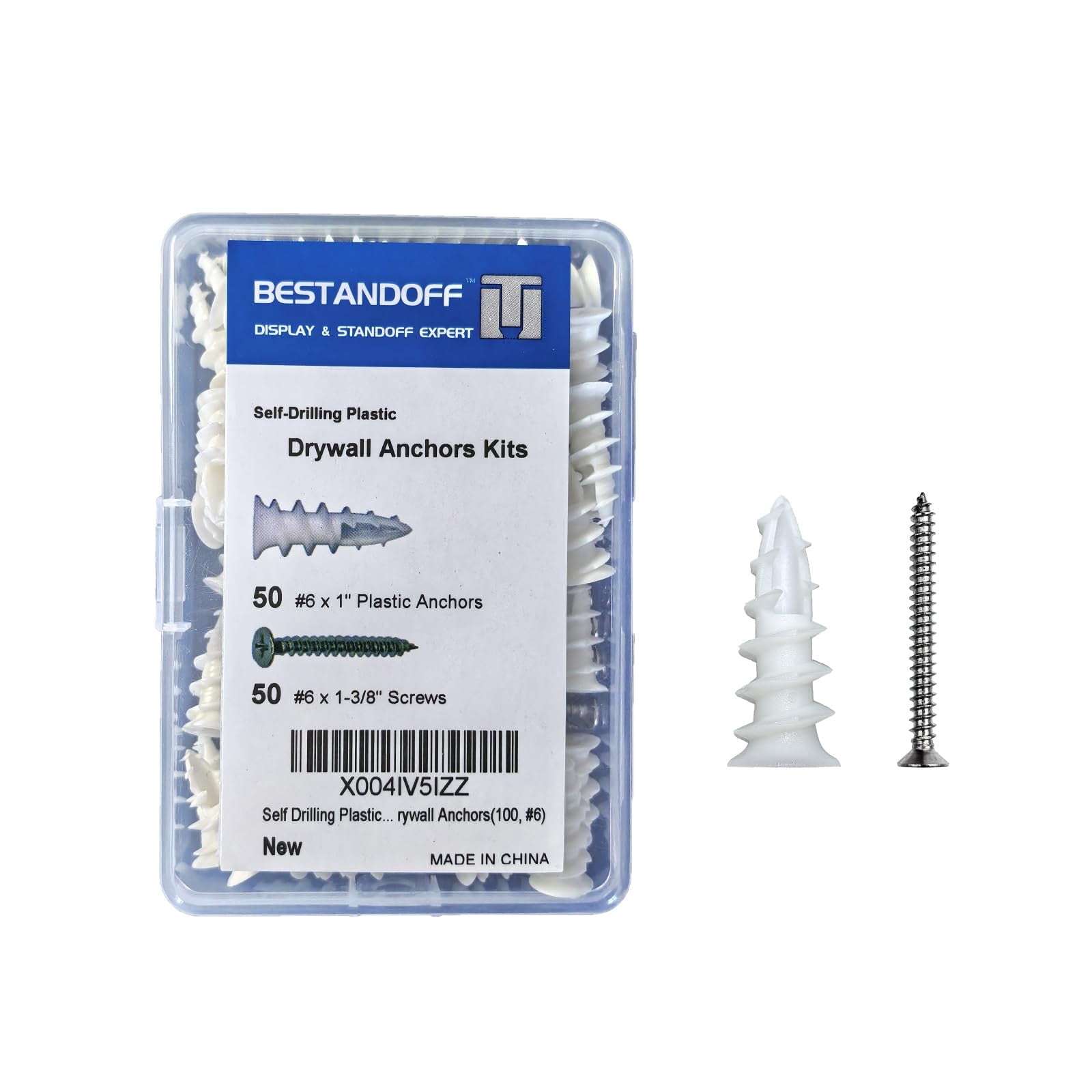 Self Drilling Plastic Dry Wall Anchor, Wall Anchors with Stainless Steel Screws Assortment Kit 100PCS, 50 Plastic Wall Anchors and 50 Flat Head Screws, Drywall Anchors(100, #6)