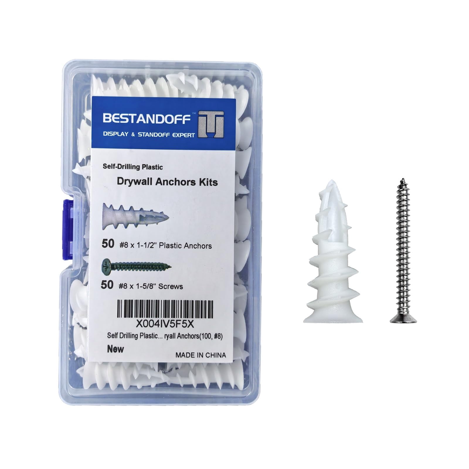 Self Drilling Plastic Dry Wall Anchor, Wall Anchors with Stainless Steel Screws Assortment Kit 100PCS, 50 Plastic Wall Anchors and 50 Flat Head Screws, Drywall Anchors(100, #6)