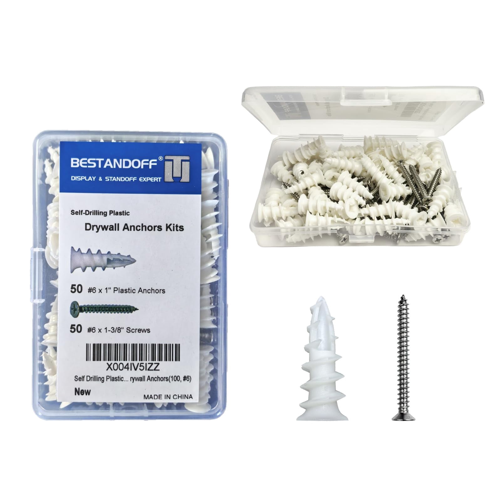 Self Drilling Plastic Drywall Anchors with Stainless Steel Screws Assortment Kit 100PCS, 50 Plastic Anchors and 50 Flat Head Screws, Dry Wall Anchors (100, #8)