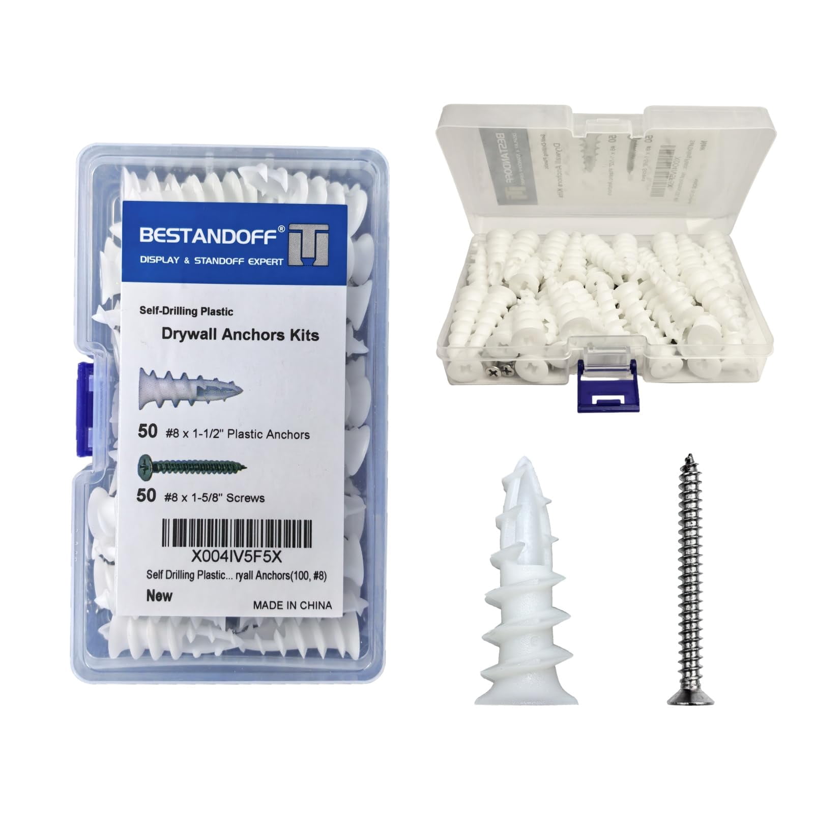 Self Drilling Plastic Drywall Anchors with Stainless Steel Screws Assortment Kit 100PCS, 50 Plastic Anchors and 50 Flat Head Screws, Dry Wall Anchors (100, #8)