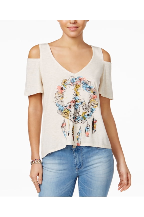 Self E Juniors Cold Shoulder Graphic T-Shirt Heather Oatmeal M