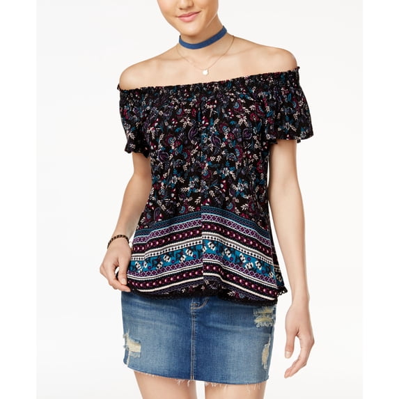Self E Juniors Crochet Trim Off The Shoulder Peasant Top Black Deep Lake L