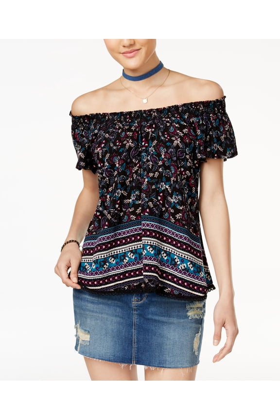 Self E Juniors Crochet Trim Off The Shoulder Peasant Top Black Deep Lake L