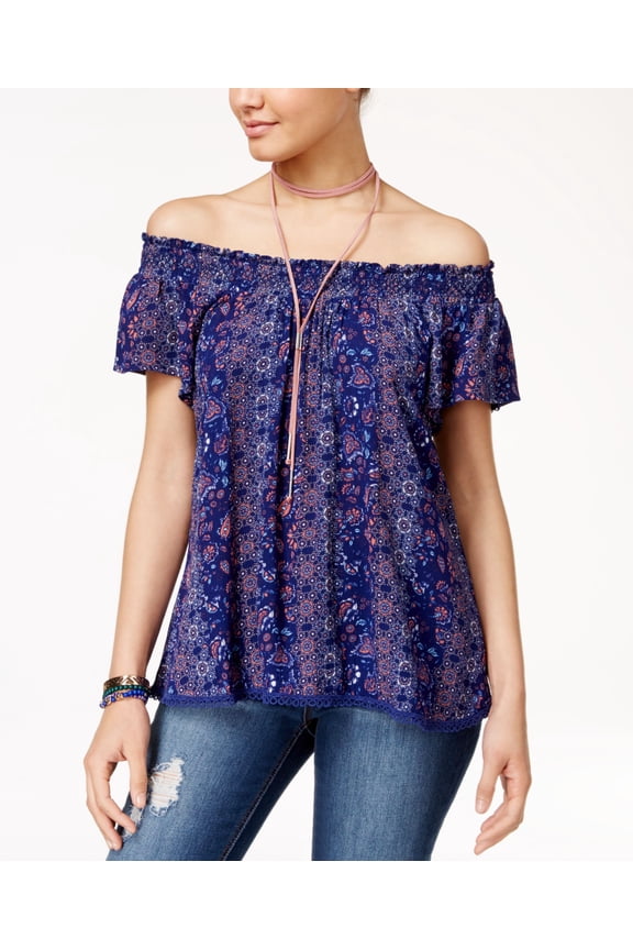 Self E Juniors Crochet Trim Off The Shoulder Peasant Top Dusty Cedar L