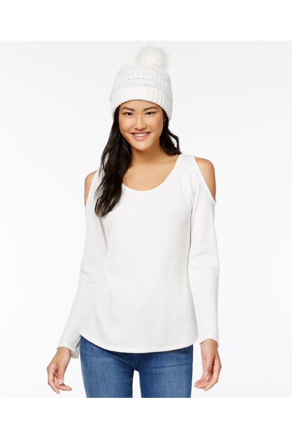 Self E Juniors Waffle Knit Cold Shoulder Top Faux Fur Trimmed Beanie Ivory S