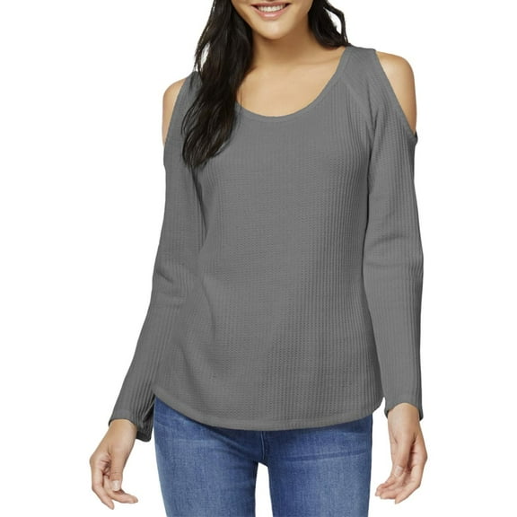 Self E Juniors Waffle Knit Cold Shoulder Top Faux Fur Trimmed Beanie Light Gray M