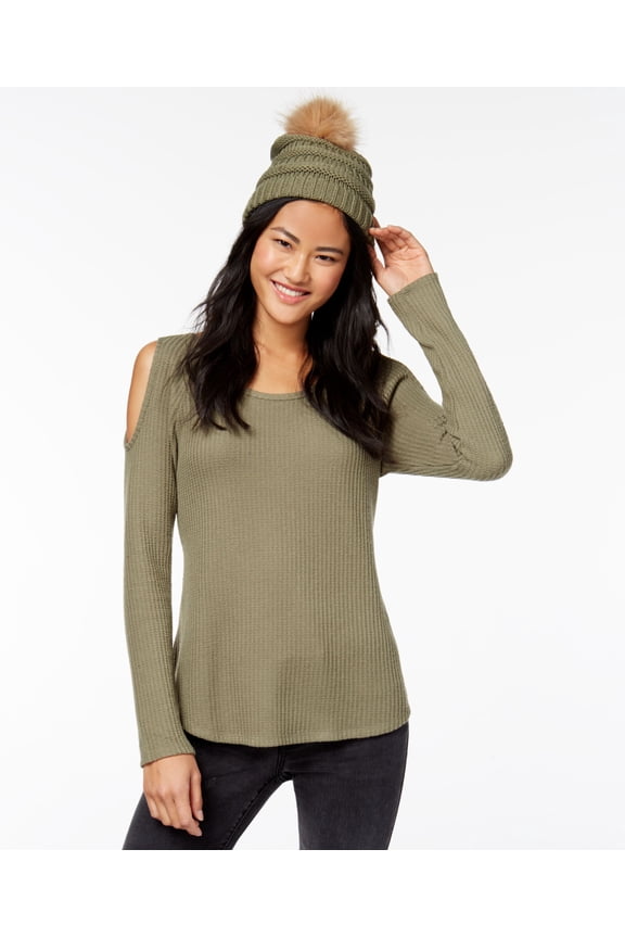 Self E Juniors Waffle Knit Cold Shoulder Top Faux Fur Trimmed Beanie Olive Green XS