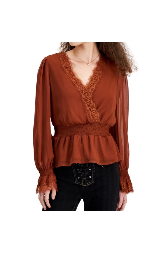 Self E Womens Lace Trim Peasant Blouse, Orange, Juniors, X-Small