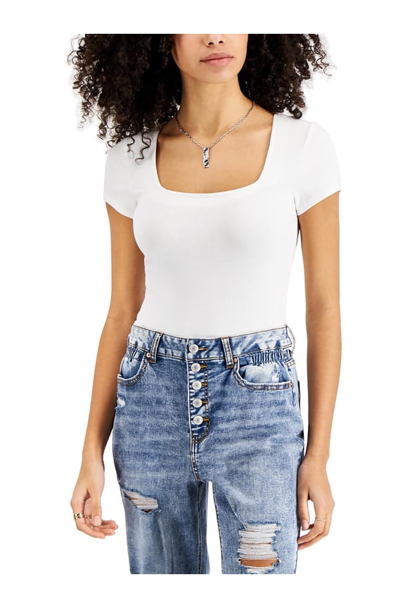 Self E Womens Juniors Square Neckline Ribbed Bodysuit