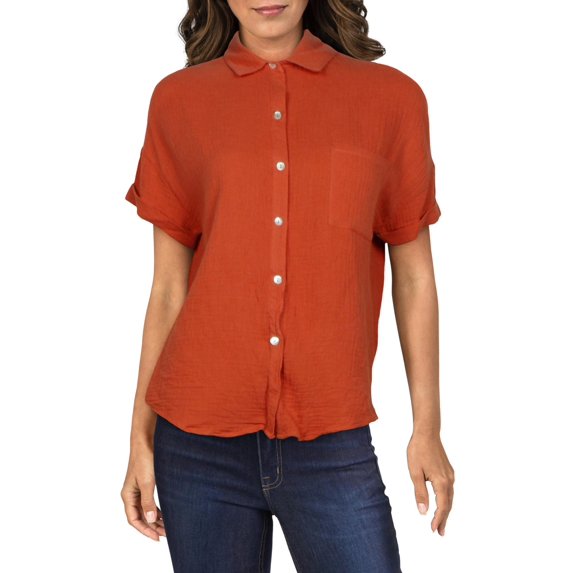Self E Womens Juniors Tie Front Cuff Sleeves Button-Down Top Terracotta Size L