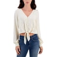 thumbnail image 1 of Self E Womens Lace Trimmed V Neck Peasant Blouse, Off-White, Juniors, Medium, 1 of 1