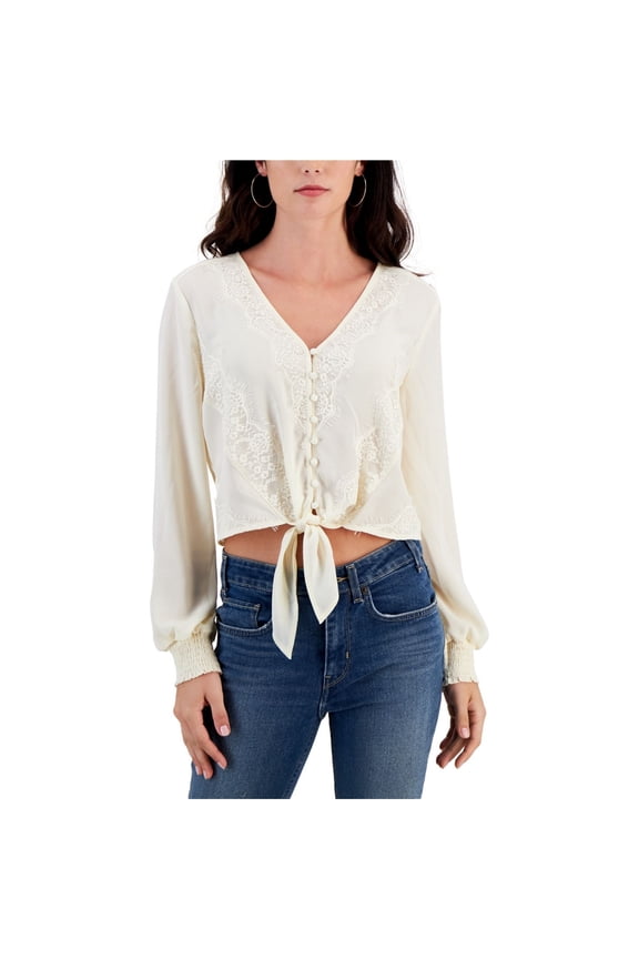 Self E Womens Lace Trimmed V Neck Peasant Blouse, Off-White, Juniors, Small