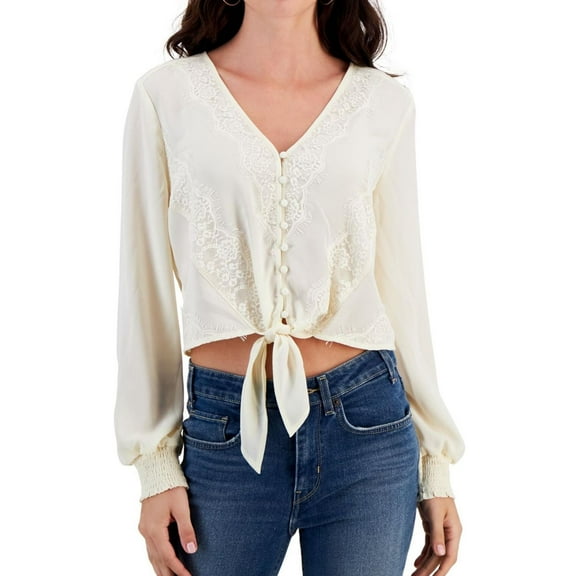 Self E Womens Lace Trimmed V Neck Peasant Blouse, Off-White, Juniors, Small