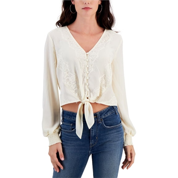 Self E Womens Lace Trimmed V Neck Peasant Blouse, Off-White, Juniors, Small