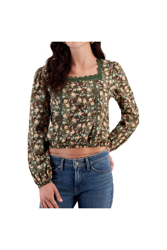 Self E Womens Lace Trim Knit Blouse, Green, X-Small