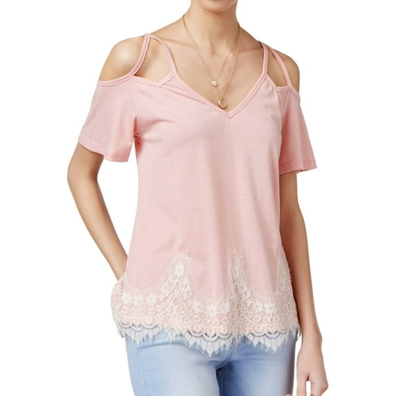 Self E Womens Lace Trim Knit Blouse, Pink, Juniors, Medium