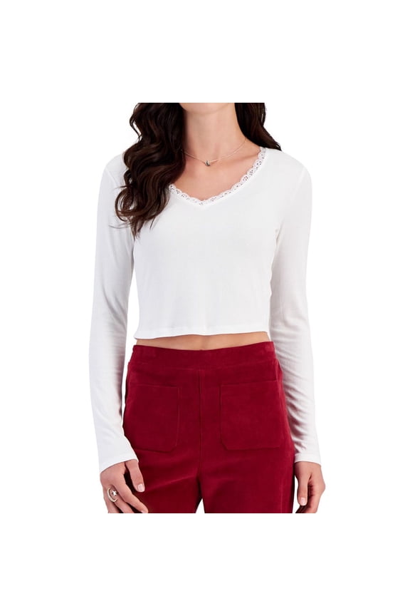 Self E Womens Lace Trimmed Pullover Blouse, White, Juniors, Medium