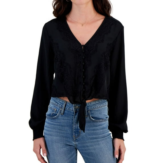 Self E Womens Lace Trimmed V Neck Peasant Blouse, Black, Juniors, Small
