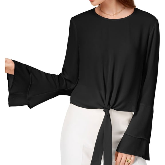 Self E Womens Tie Front Bell Sleeve Pullover Blouse, Black, Small