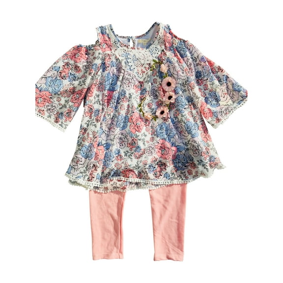 Self Esteem Chiffon Cold Shoulder Flower top w/pink Leggings Set w/ Flower Headband Size 6