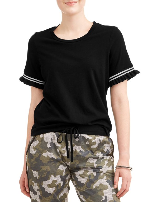 Juniors' Athletic Stripe Ruffle Short Sleeve T-Shirt
