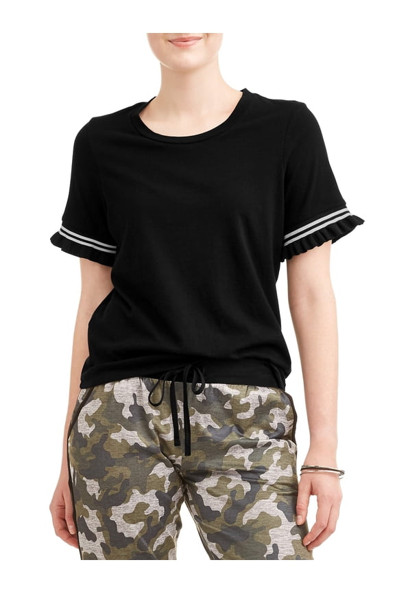 Juniors' Athletic Stripe Ruffle Short Sleeve T-Shirt