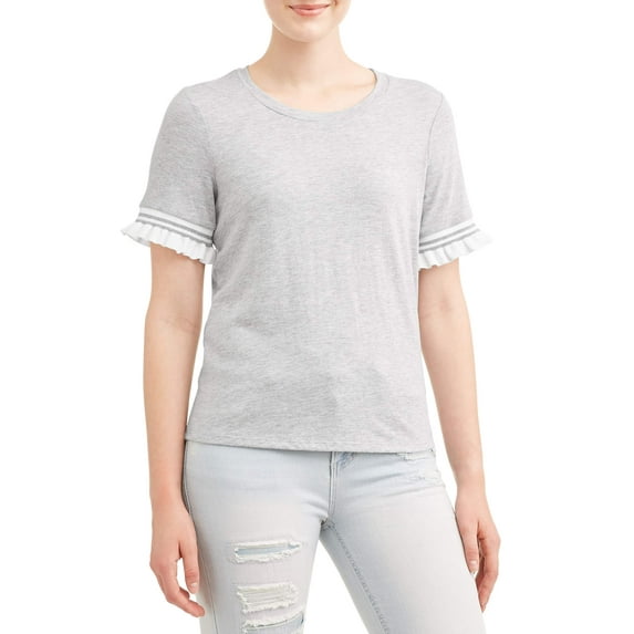 Self Esteem Juniors' Athletic Stripe Ruffle Short Sleeve T-Shirt
