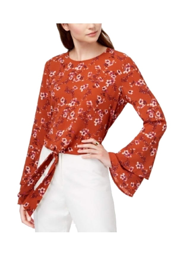 Juniors Bell Sleeve Tie Front Top Rust Floral XL
