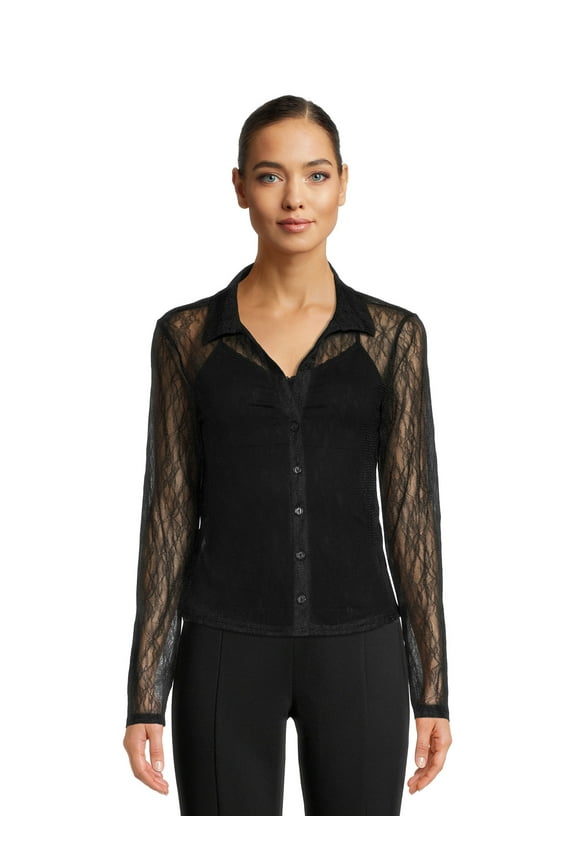 Juniors Button Front Lace Shirt with Long Sleeves