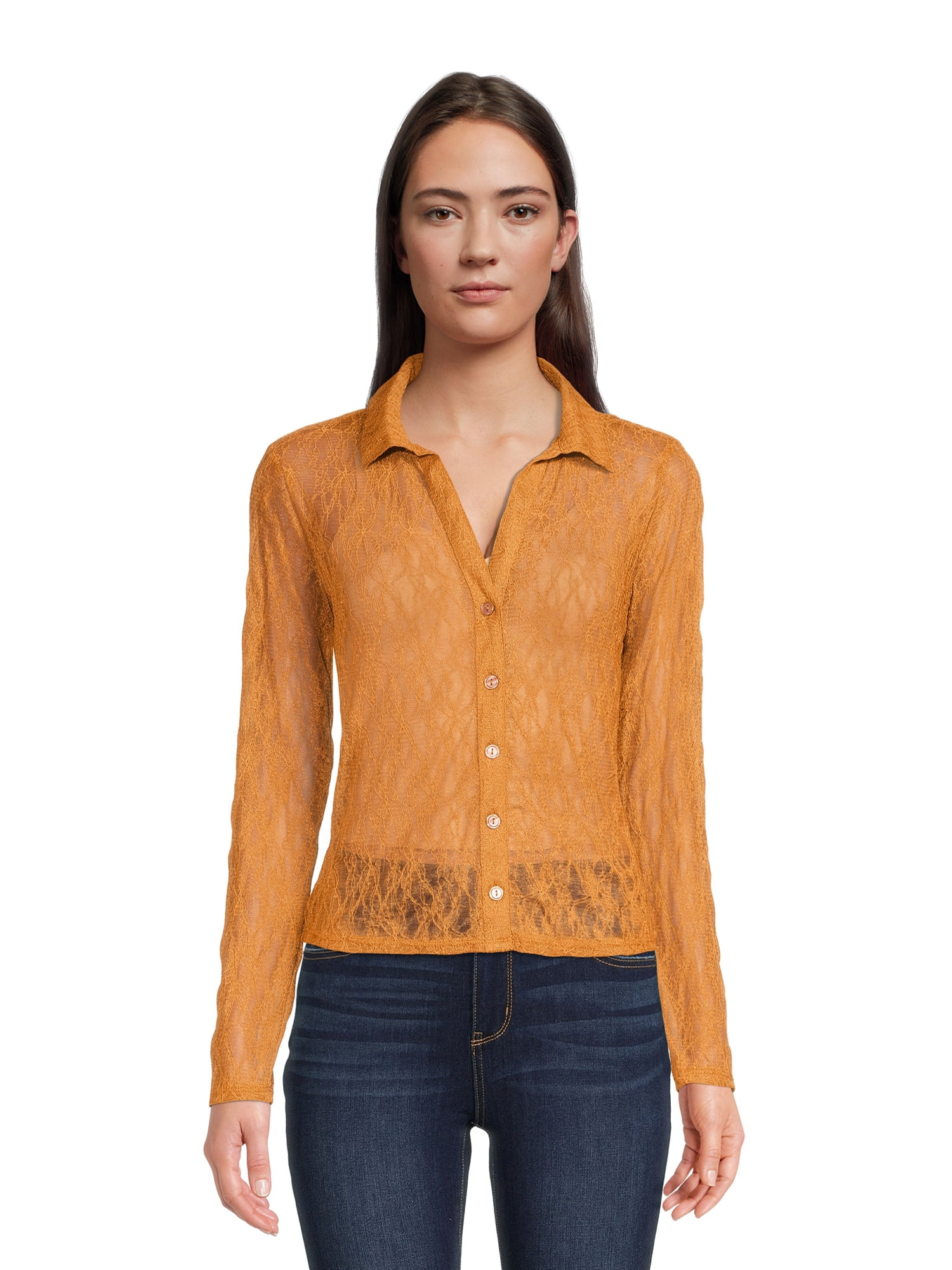 Self Esteem Juniors Button Front Lace Shirt with Long Sleeves