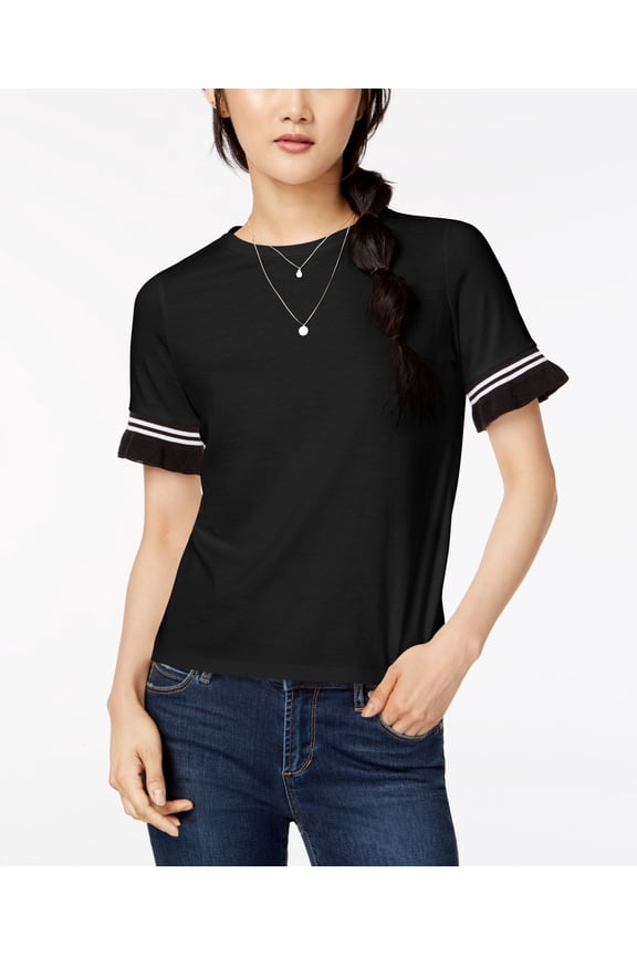 Juniors Contrast Stripe Ruffle Sleeve T-Shirt Black XS