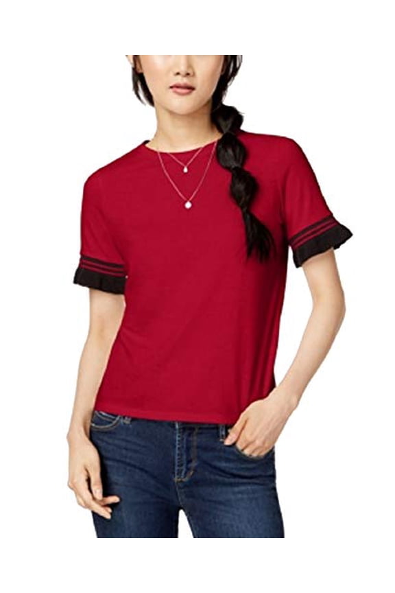 Juniors' Contrast Stripe Ruffle-Sleeve T-Shirt (Red, L)