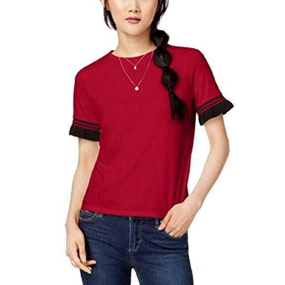 Self Esteem Juniors' Contrast Stripe Ruffle-Sleeve T-Shirt (Red, S)