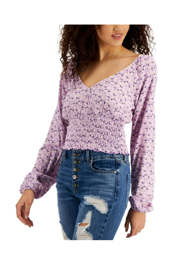 Juniors Floral-Print Surplice Smocked-Hem Top