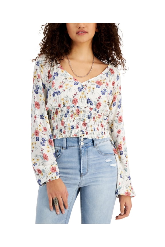 Juniors Floral-Print Surplice Smocked-Hem Top