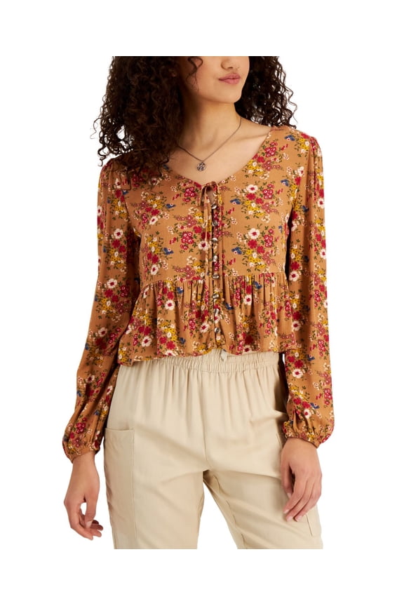 Juniors Floral Crop Long Sleeve Button Front Rayon Blouse Size