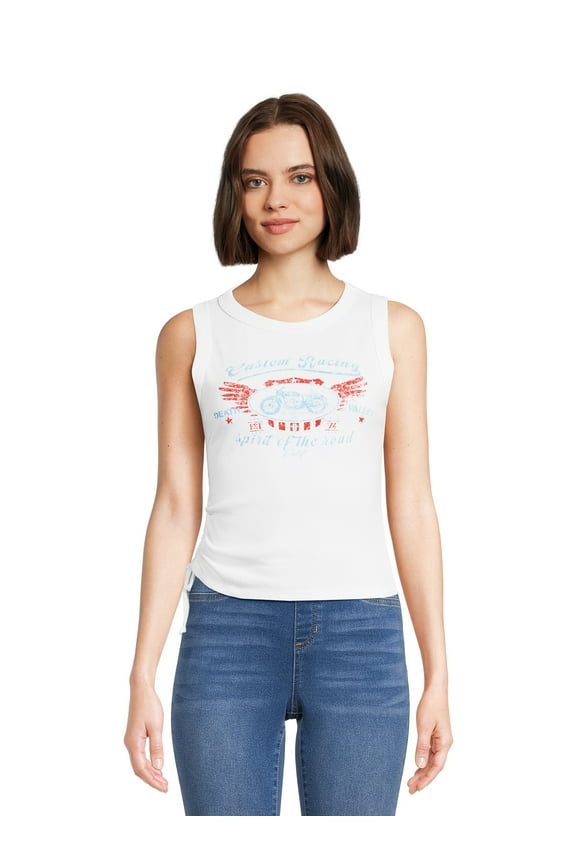 Juniors Graphic Tank Top with Ruched Sides