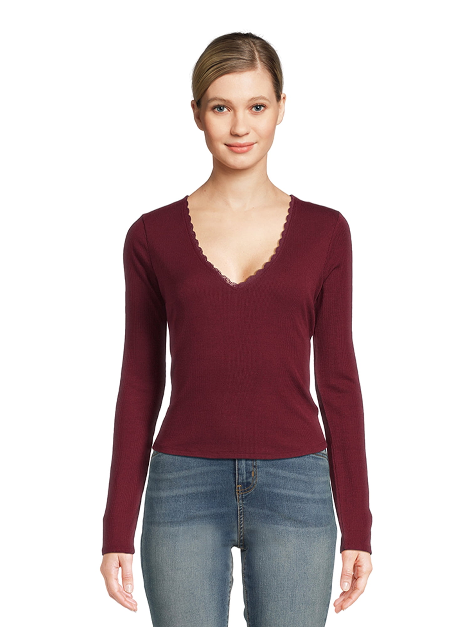 Self Esteem Juniors Lace Trim V-Neck Tee with Long Sleeves