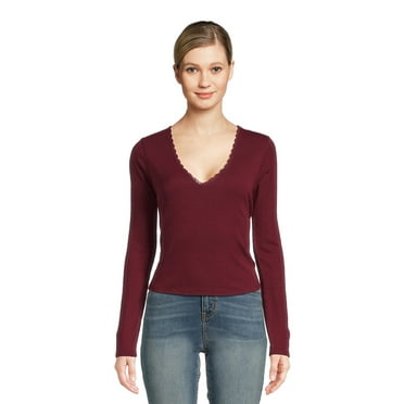 Self Esteem Juniors Lace Trim V-Neck Tee with Long Sleeves