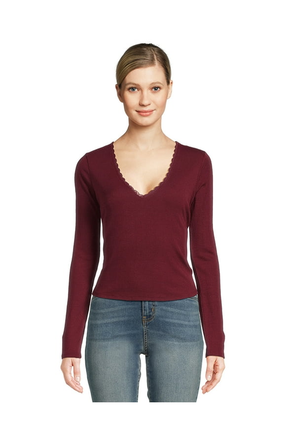 Juniors Lace Trim V-Neck Tee with Long Sleeves
