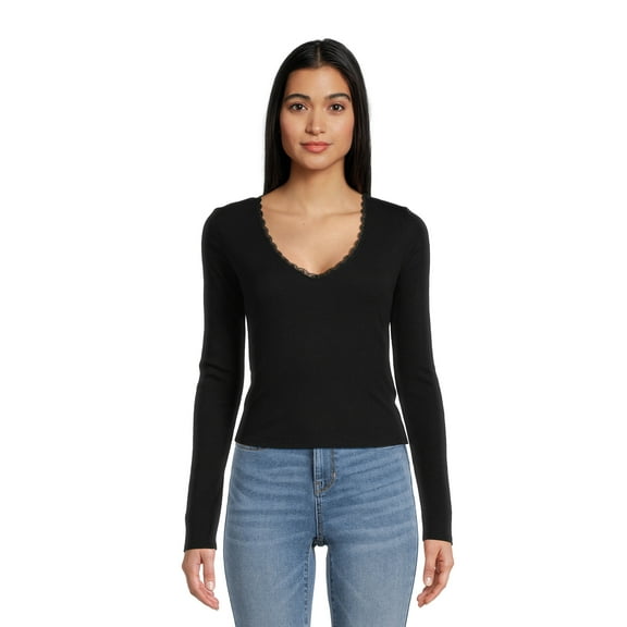 Self Esteem Juniors Lace Trim V-Neck Tee with Long Sleeves