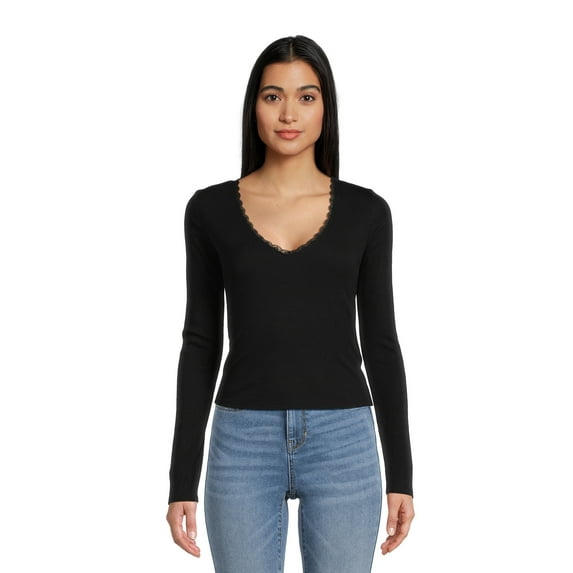 Self Esteem Juniors Lace Trim V-Neck Tee with Long Sleeves