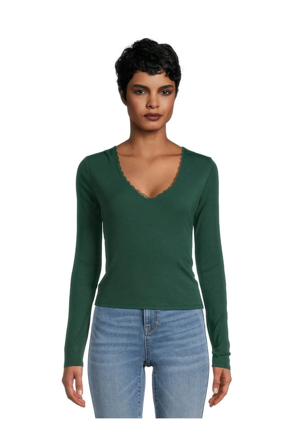 Juniors Lace Trim V-Neck Tee with Long Sleeves