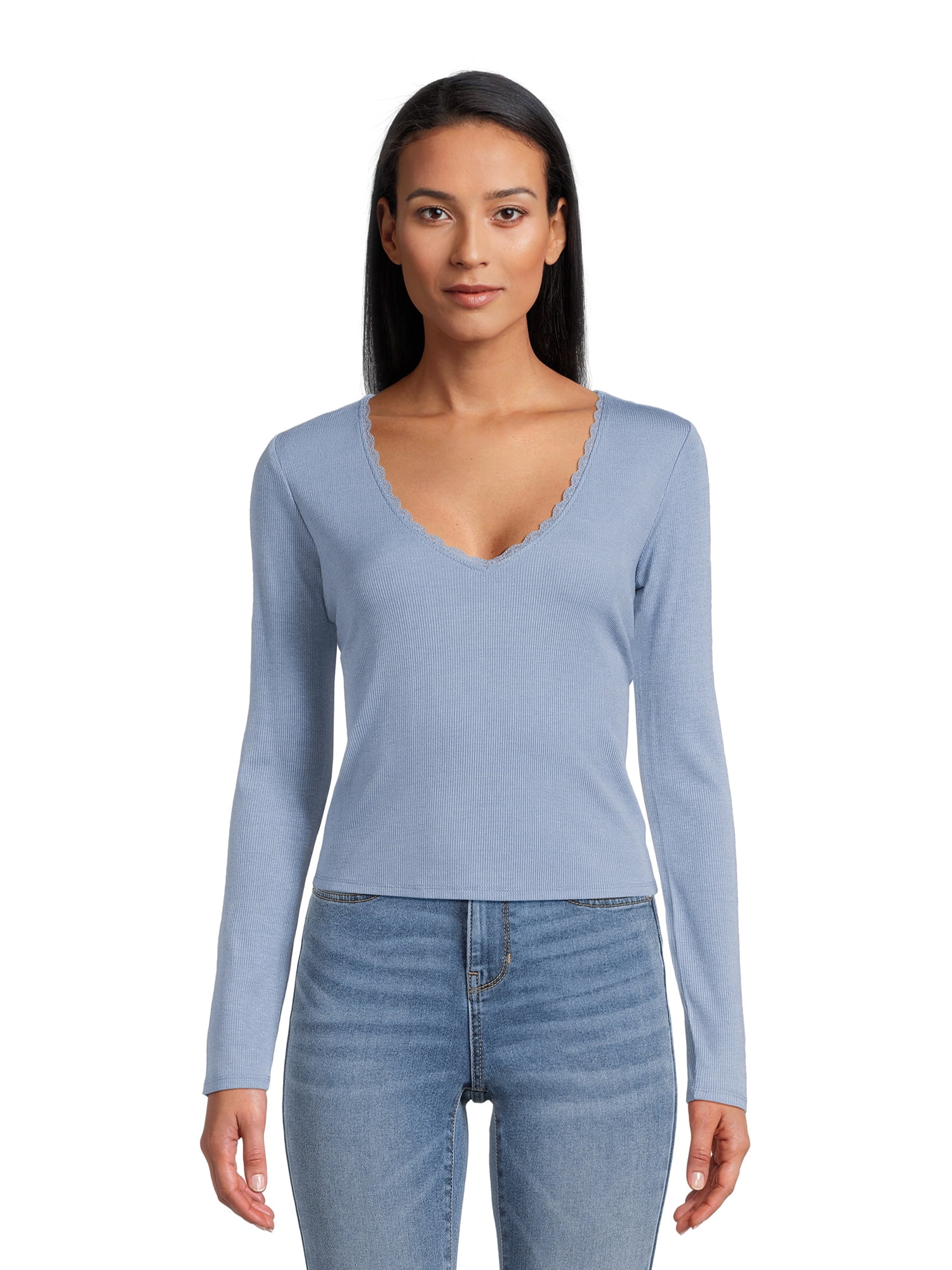 Self Esteem Juniors Lace Trim V-Neck Tee with Long Sleeves