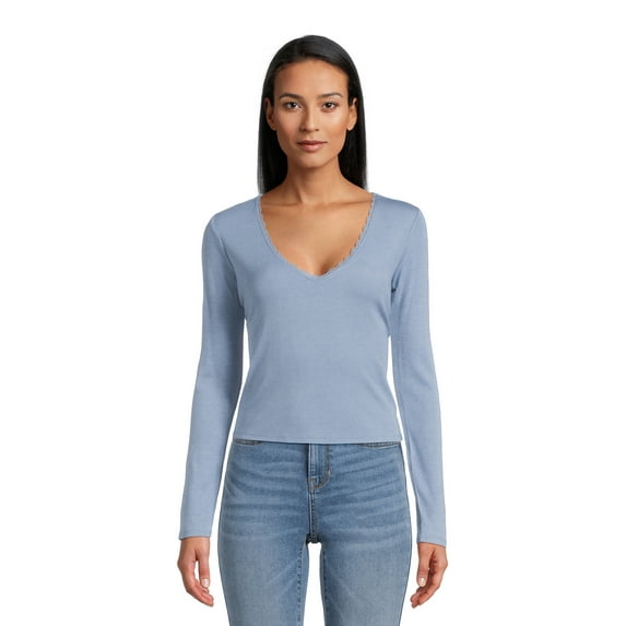 Self Esteem Juniors Lace Trim V-Neck Tee with Long Sleeves