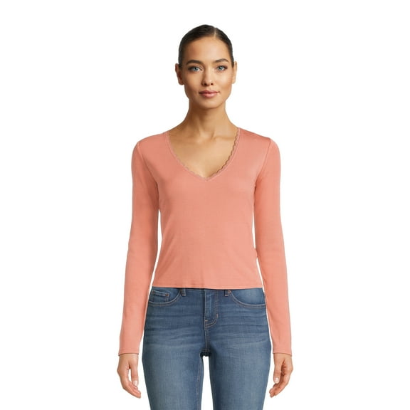 Self Esteem Juniors Lace Trim V-Neck Tee with Long Sleeves