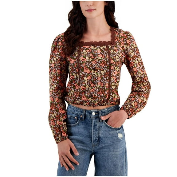 Self Esteem Womens Lace Trimmed Square Neck Baby Doll Blouse, Brown, Juniors, Medium
